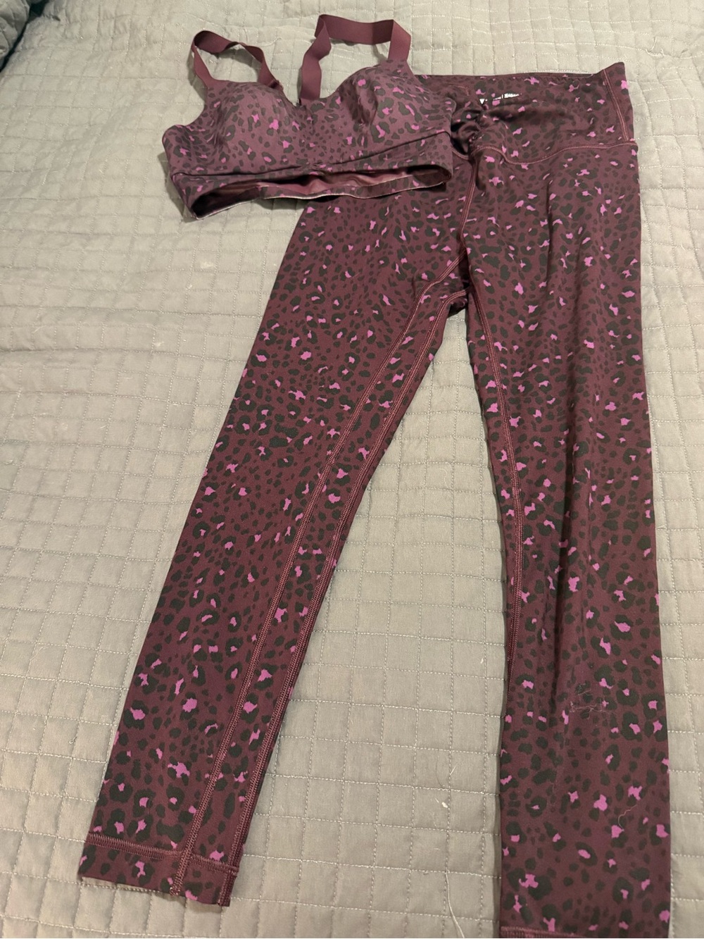 Victoria's Secret Burgundy Leggings & Sports Bra with Pink Leopard Print